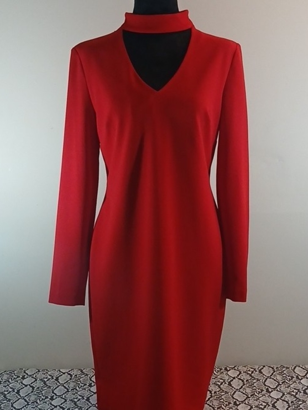 Calvin Klein Red Long-Sleeve V-Neck Choker Dress